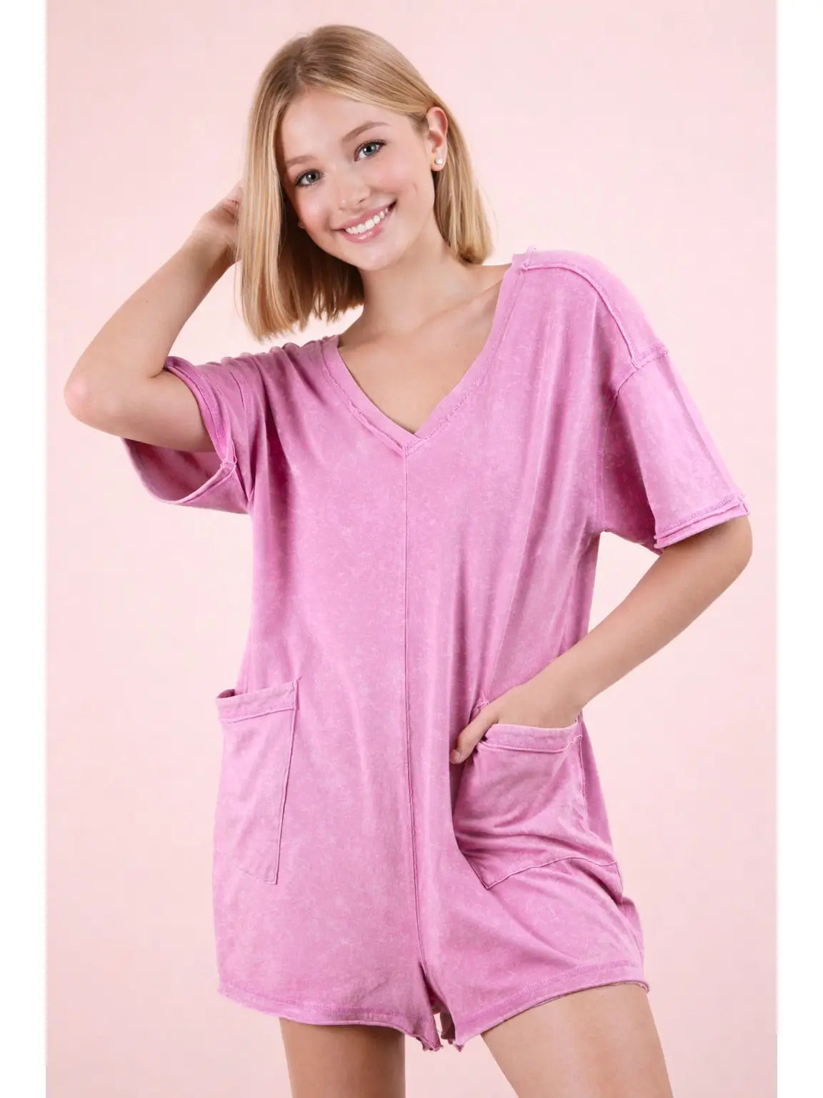 Mineral Washed Oversized Casual Knit Romper-Orchid
