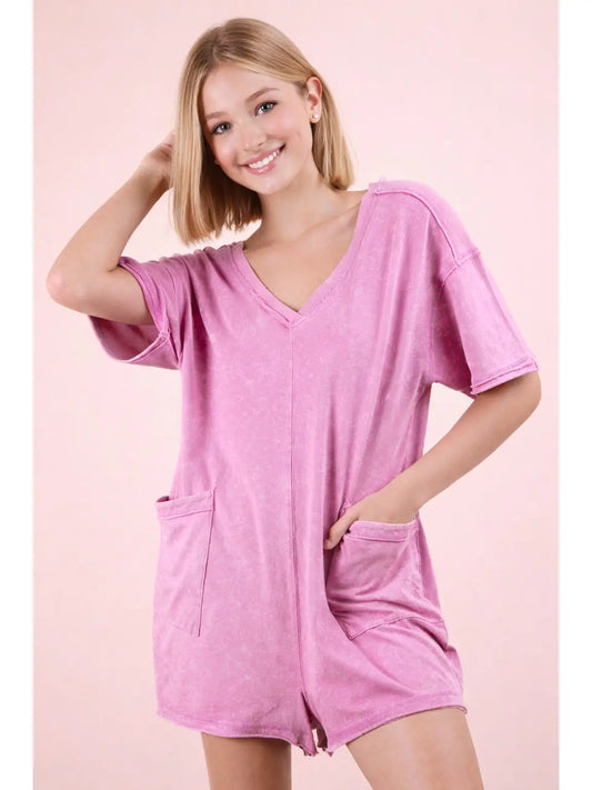 Mineral Washed Oversized Casual Knit Romper-Orchid