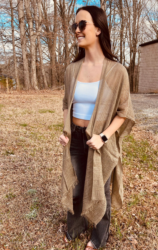 Sequin Border Frayed Trim Kimono in Light Olive**FINAL SALE**