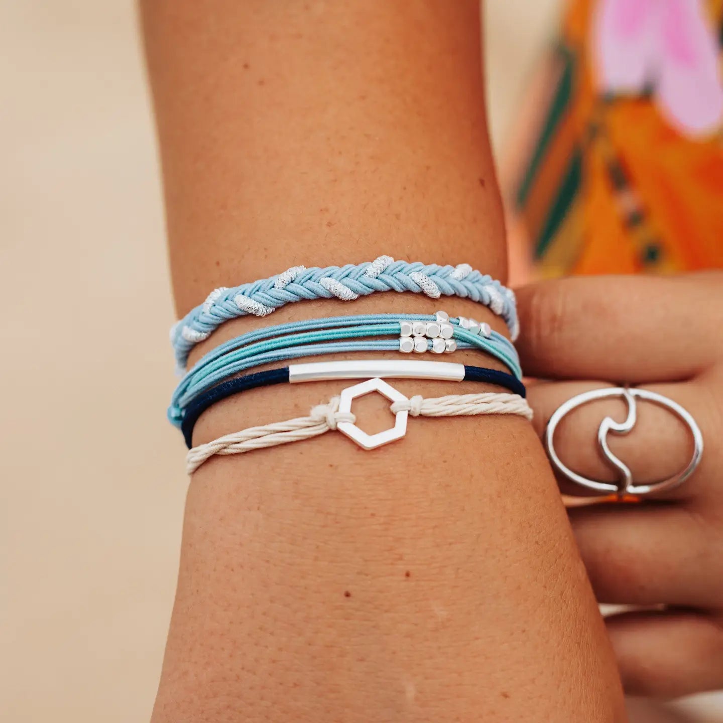 "Dream" Silver Hexagon Charm Blue Hair Tie Bracelets