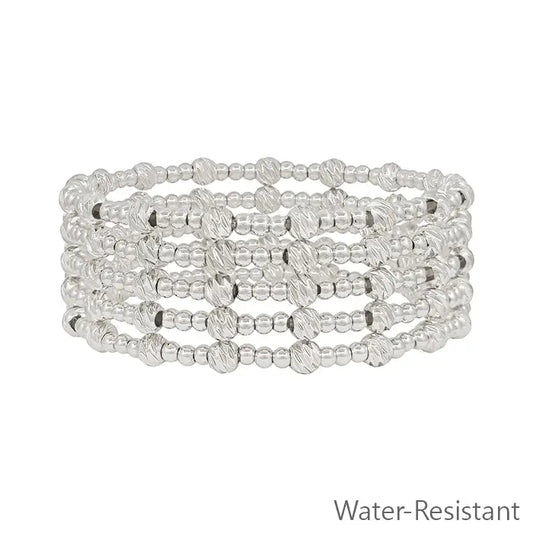 Water Resistant Silver Beaded Set of 5 Stretch Bracelets