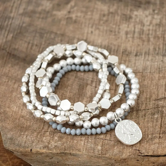 Boho Bracelet Stack with A Coin in Silver Tone