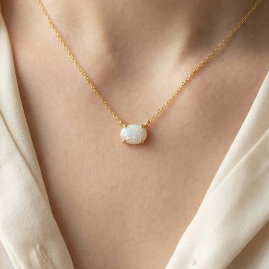 Oval Opal Pendant Necklace-Gold