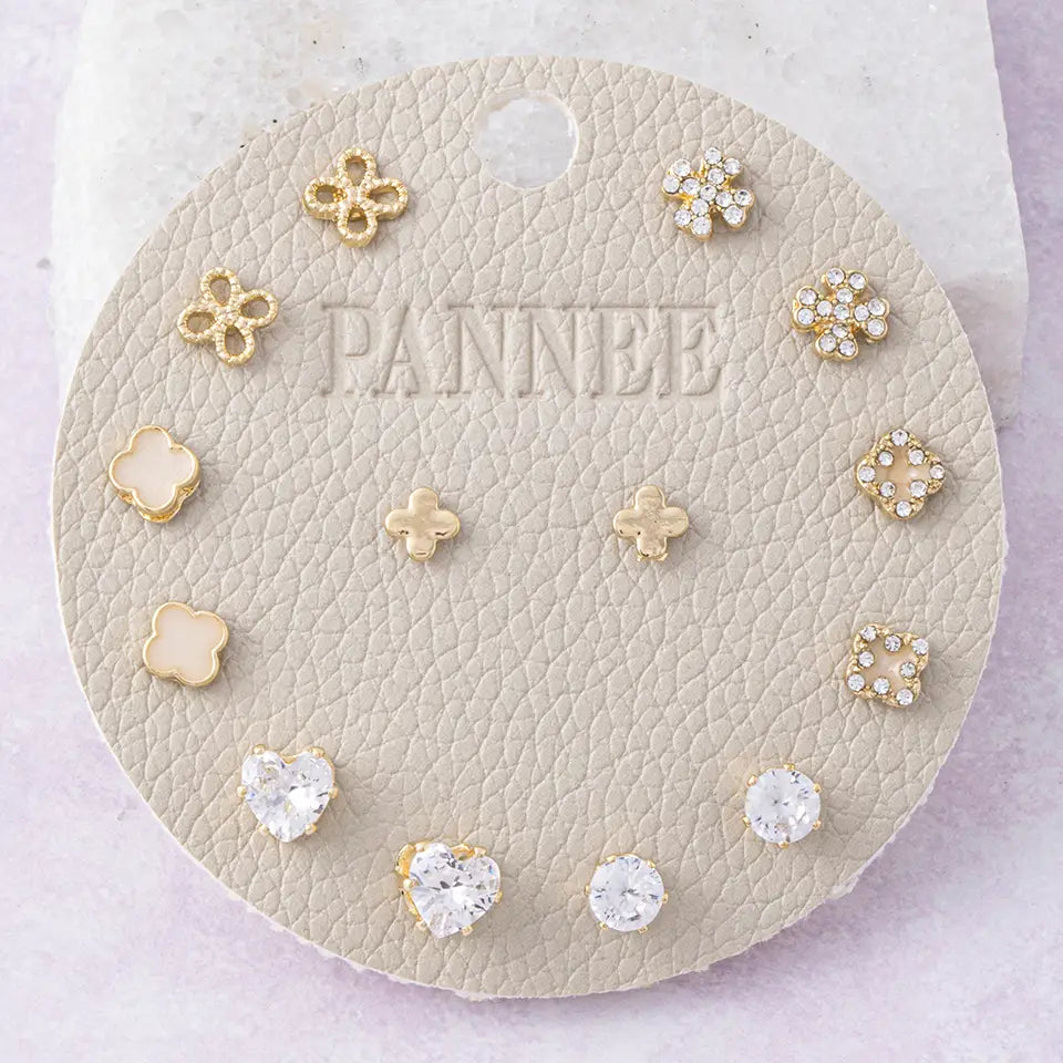 Seven Pair Clover and  Heart Stud Earring Set