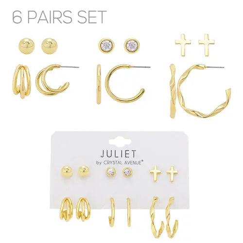 Set of 6 Stud and Hoops Earrings-Cross