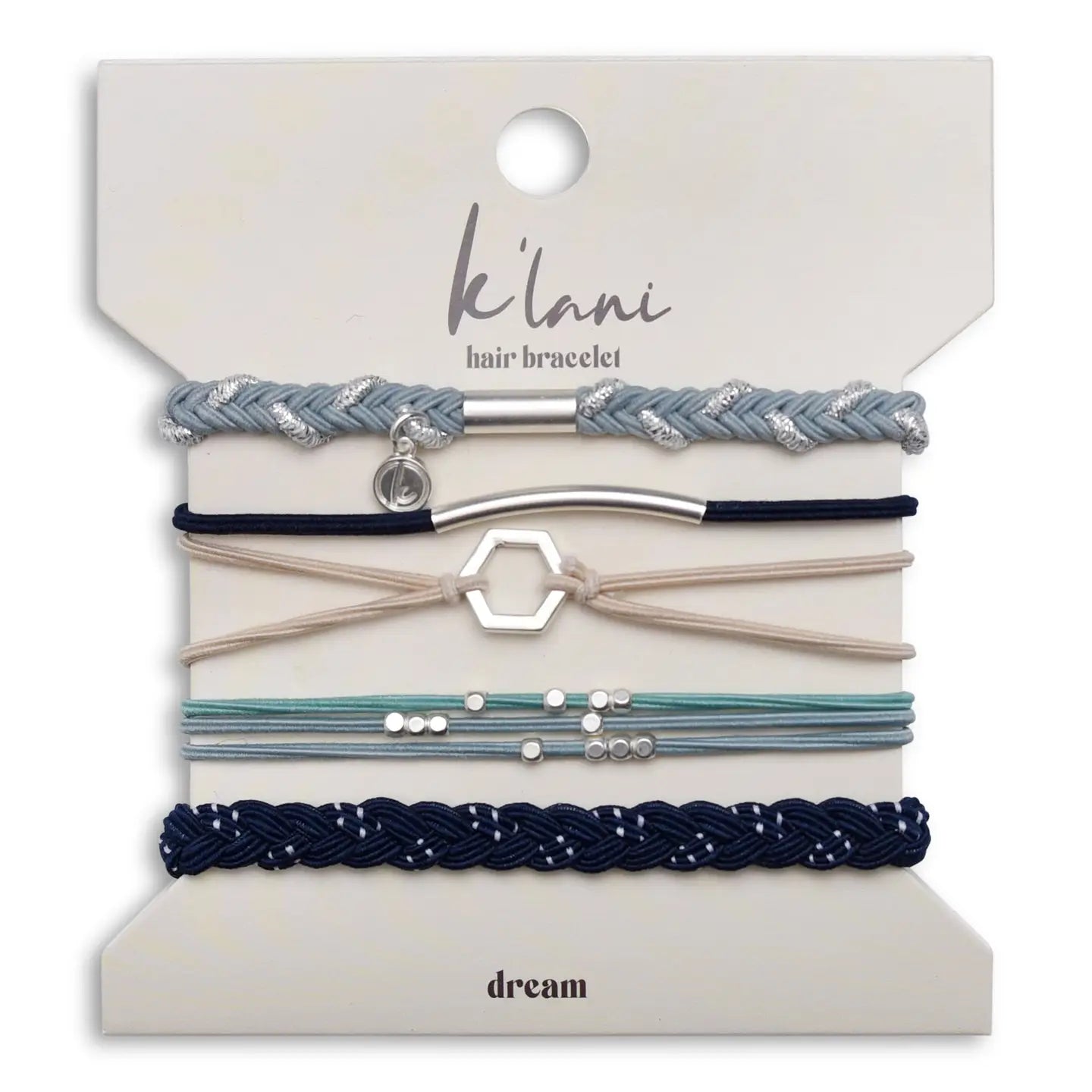 "Dream" Silver Hexagon Charm Blue Hair Tie Bracelets