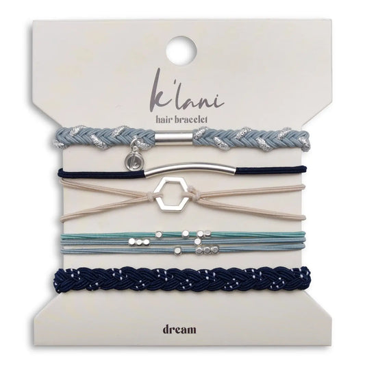 "Dream" Silver Hexagon Charm Blue Hair Tie Bracelets