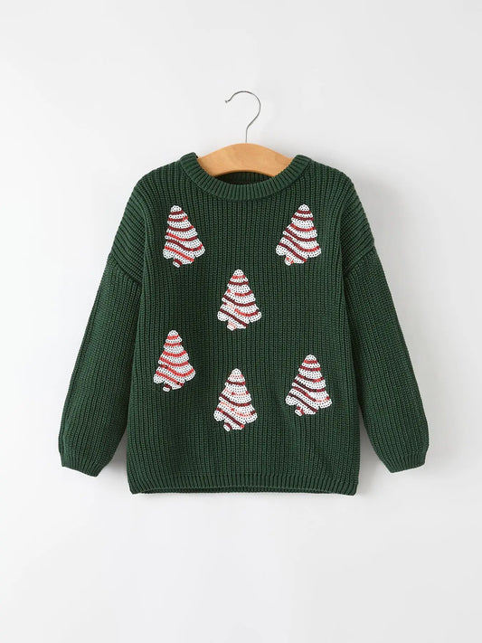 Festive Holiday Girls Sweater with Candy Stripe Tree Sequins