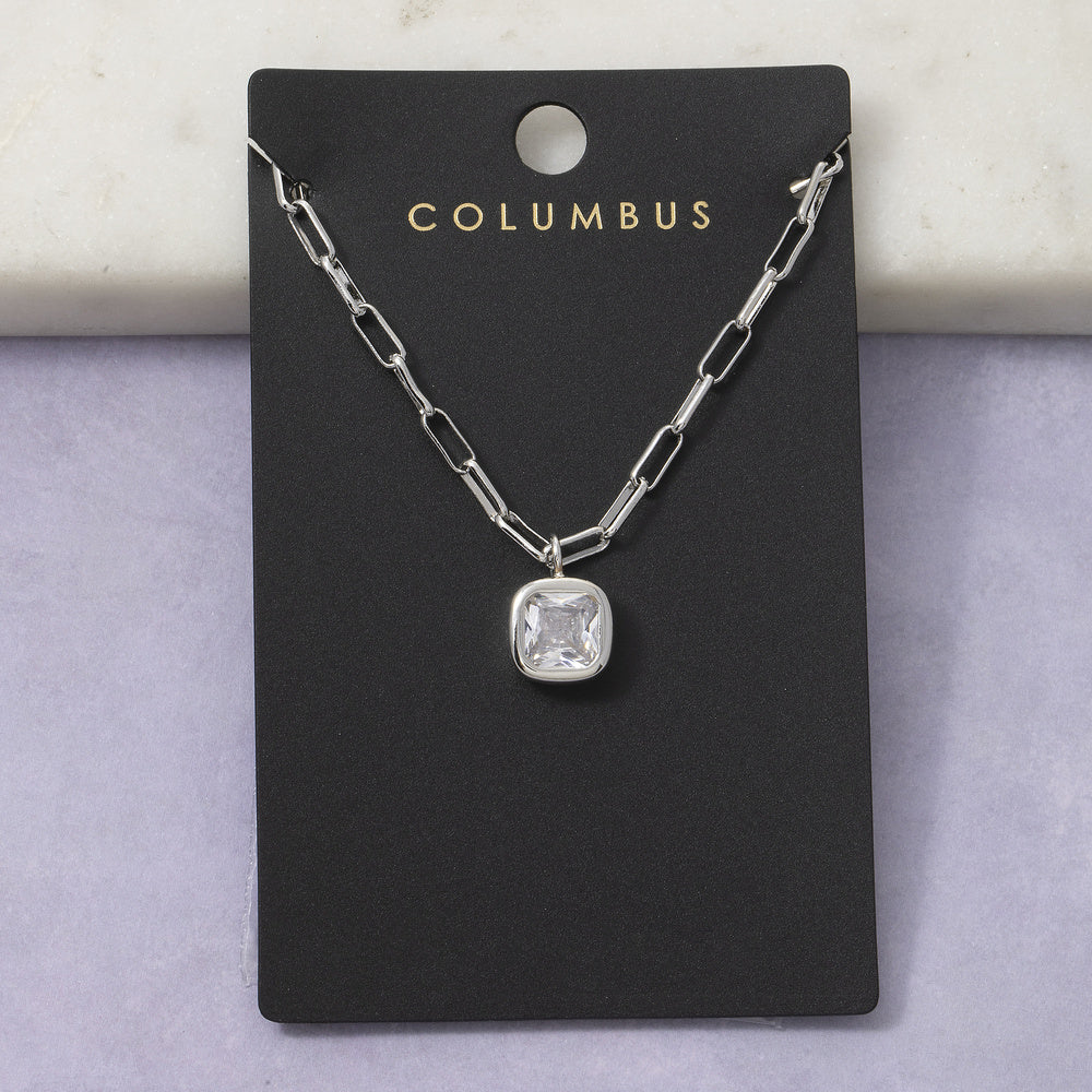 Gold Dipped Cz Cushion Cut Bezel Paperclip Necklace-Silver