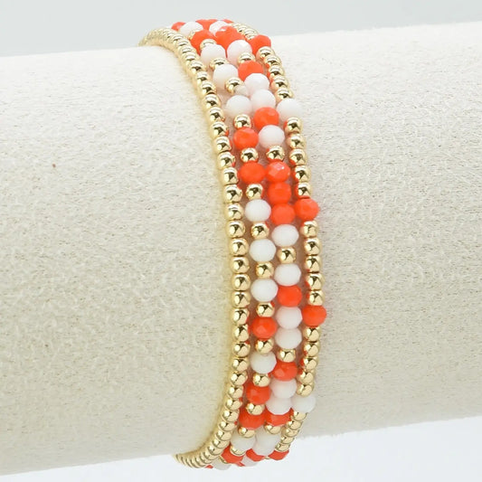 Set of 4 Orange and White Glass Bead and Gold Stretch Bracelets