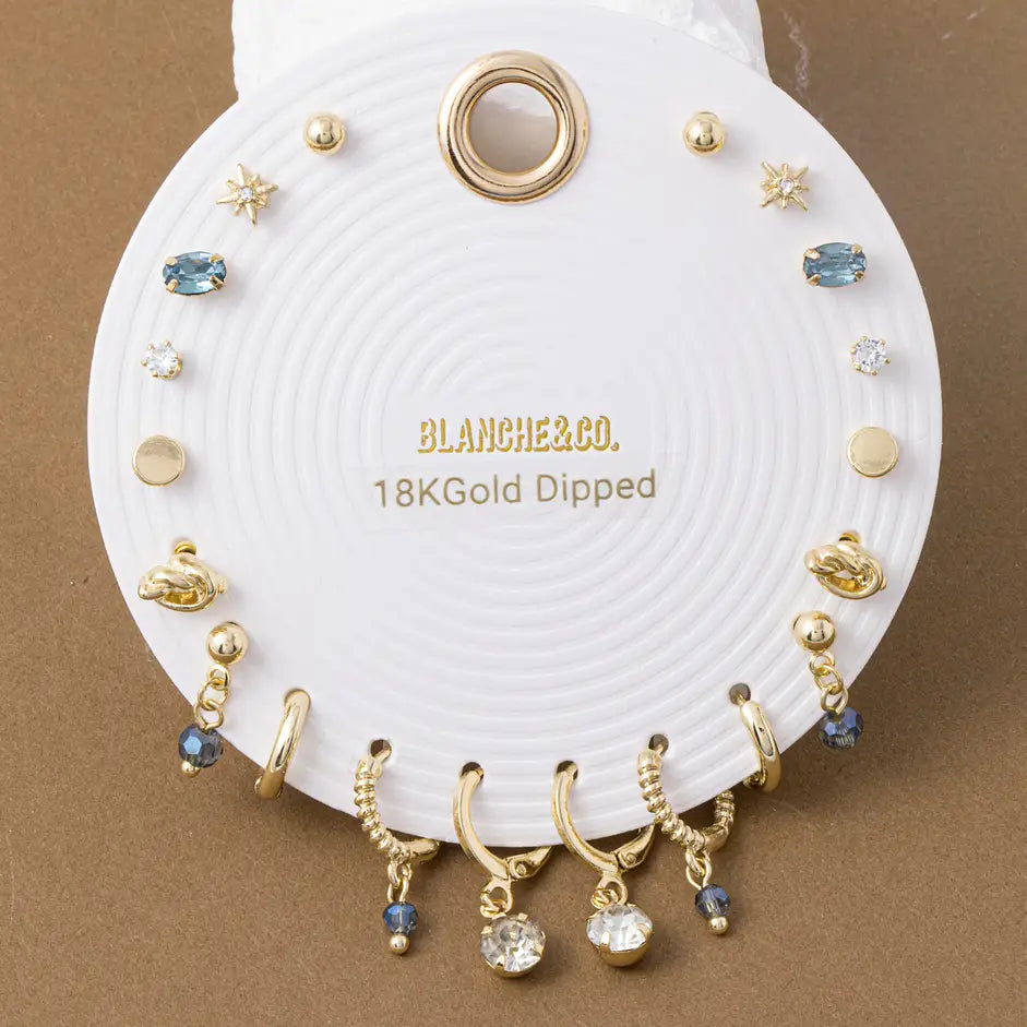 18K Gold Dipped Crystal Charm Ten Pair Earrings Set