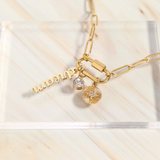 18K Gold Carabiner "Dream" Paperclip Charm Necklace