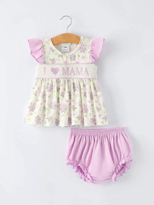 Floral “I ❤ Mama” Smocked Baby Girls Bloomer Set