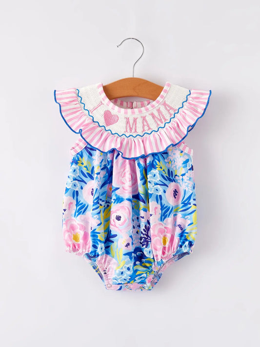 “I ❤ Mama”Embroidery Smocking Baby Girls Romper