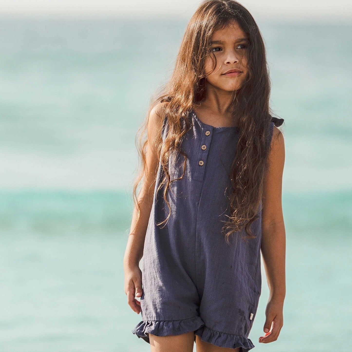 Check Gauze Blue Girl Romper