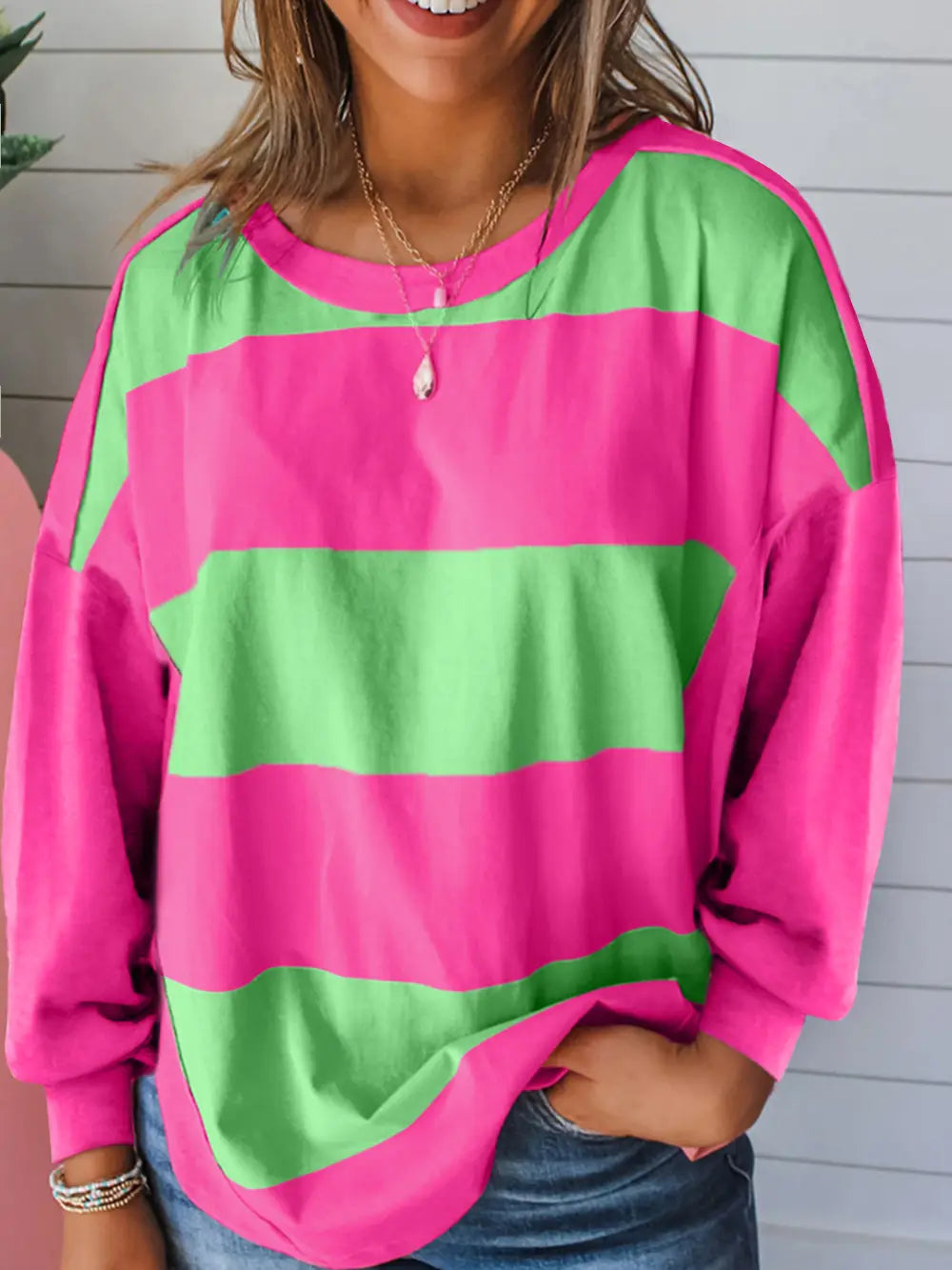 Colorblock Striped Drop Shoulder Loose Top