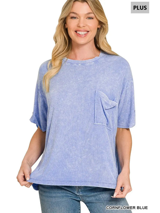 Washed Ribbed Top with Pocket-Blue