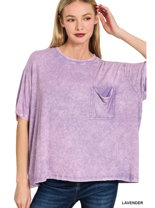Washed Ribbed Cuffed Top-Lavender