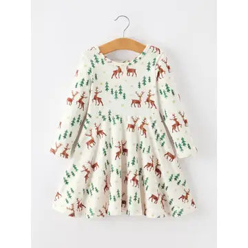 Christmas Girls Deer & Pine Tree Holiday Twirl Dress