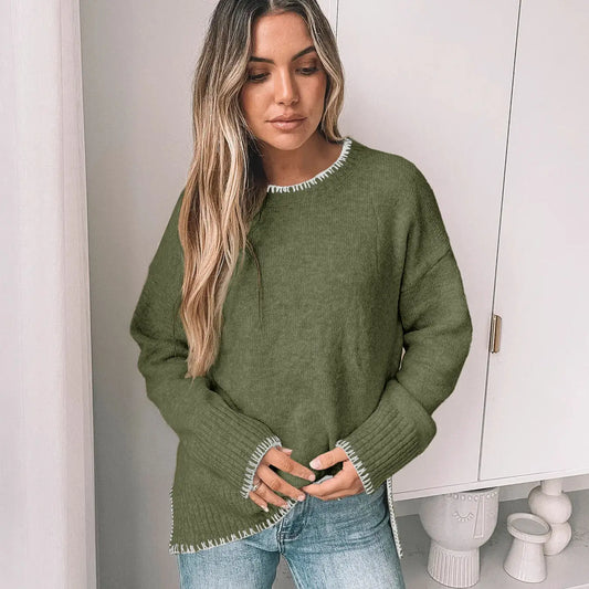 Solid Color Versatile Split-End Pullover Sweater-Olive