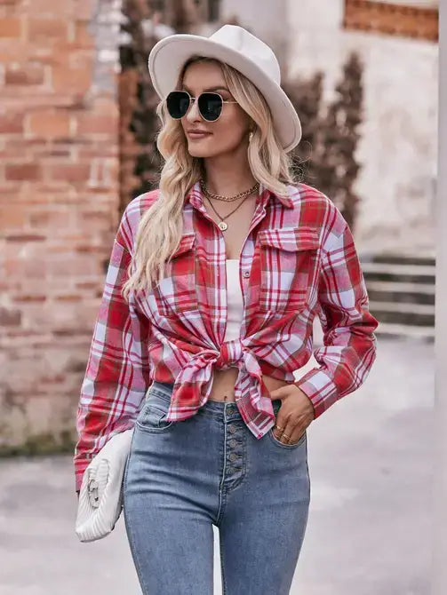 Oversized Loose Plaid Shirt-Red