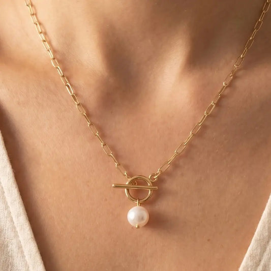 Paperclip Toggle Pearl Drop Necklace