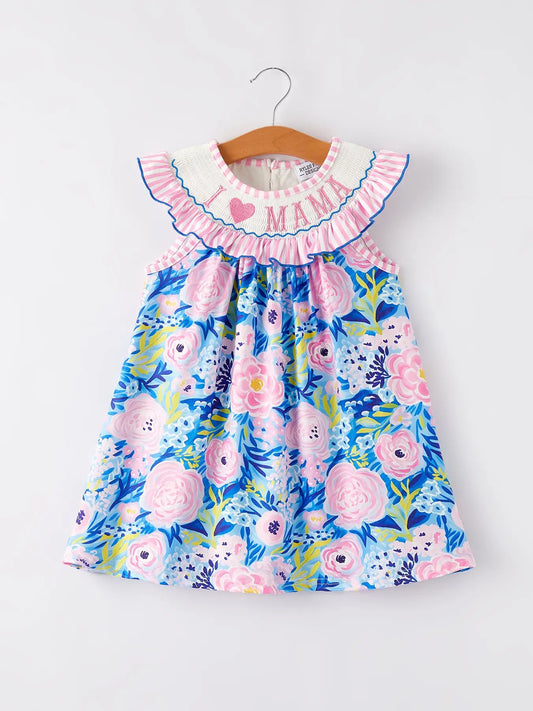 “I ❤ Mama”Embroidery Smocking Baby Girls Dress