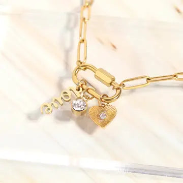 18K Gold Carabiner "Love" Paperclip Charm Necklace