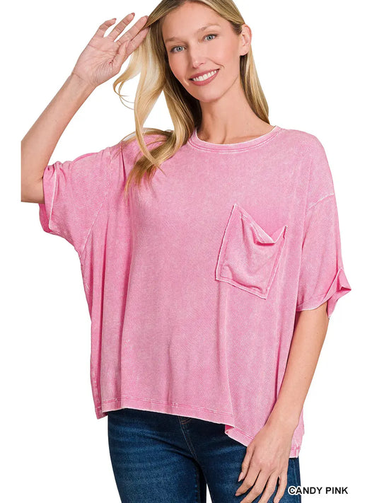 Washed Ribbed Cuffed Top with Pocket-Pink
