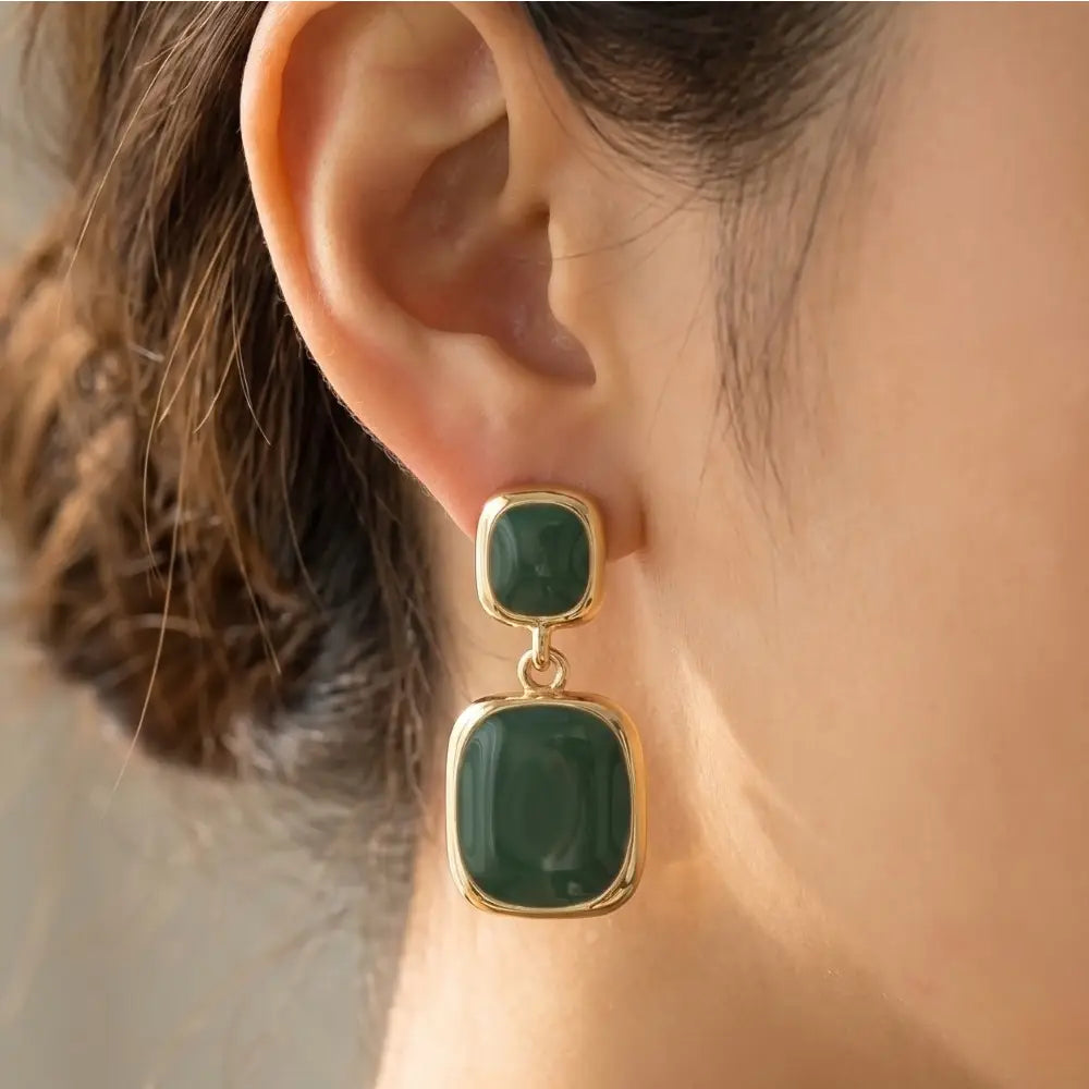 Double Cushion Stone Drop Earrings-Green