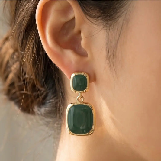 Double Cushion Stone Drop Earrings-Green