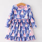Winter Purple Christmas Tree Long Sleeve Ruffle Pocket Girls Dress