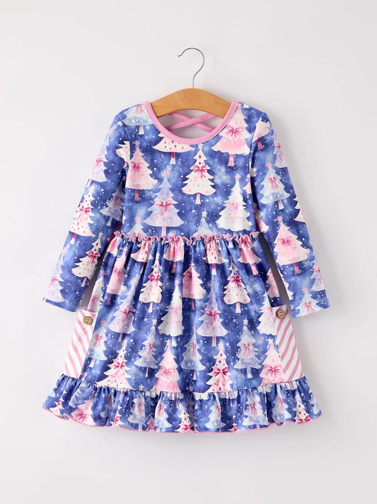 Winter Purple Christmas Tree Long Sleeve Ruffle Pocket Girls Dress
