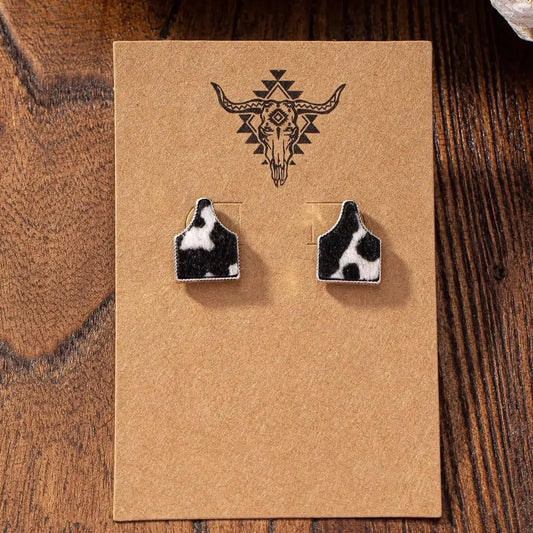 Cow Tag Stud Earrings in Black