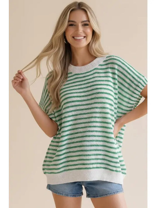 Dolman Short Sleeve Stripe Sweater Knit Top