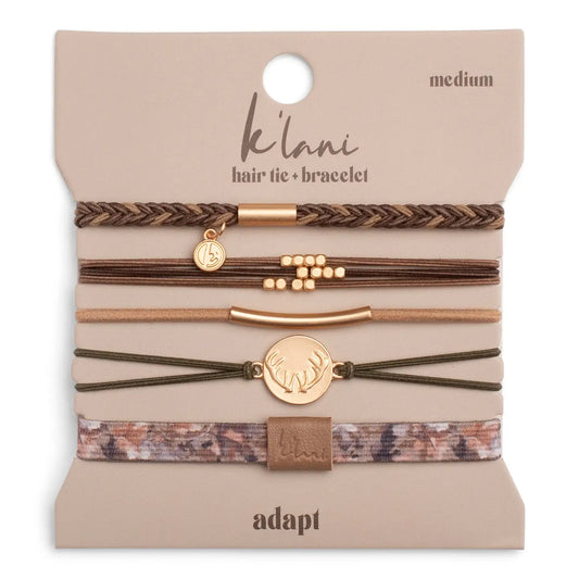 "Adapt" Camo, Gold Charm Antler Hair Tie Bracelet Set