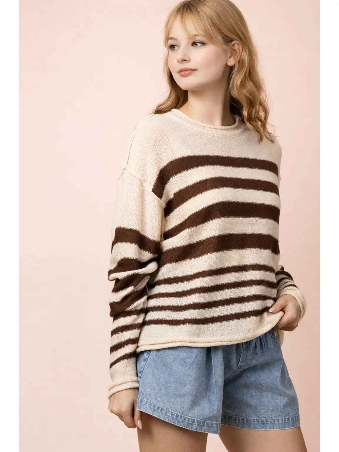 Striped Oversized Lightweight Top-Brown