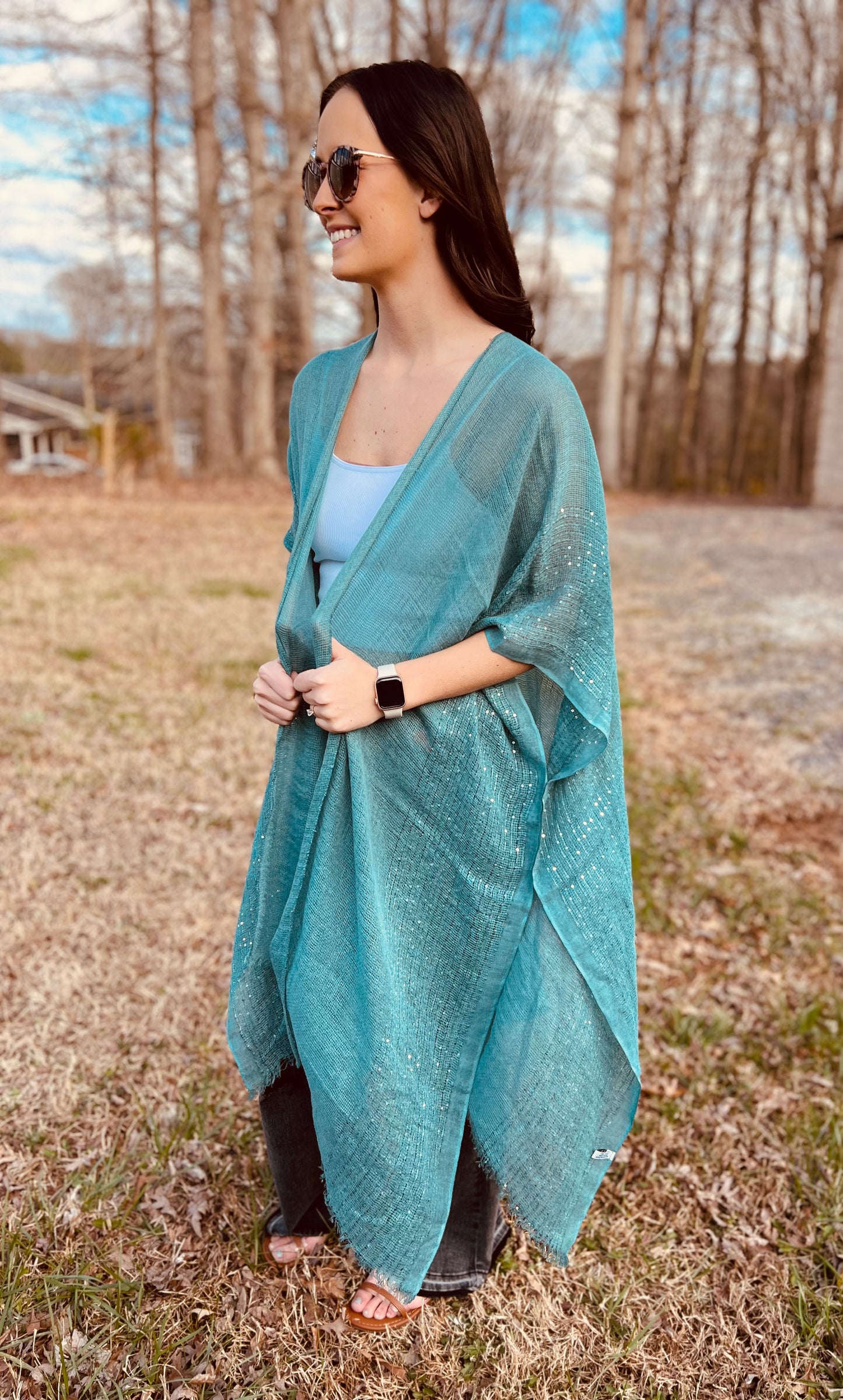 Sequin Border Frayed Trim Kimono in Teal