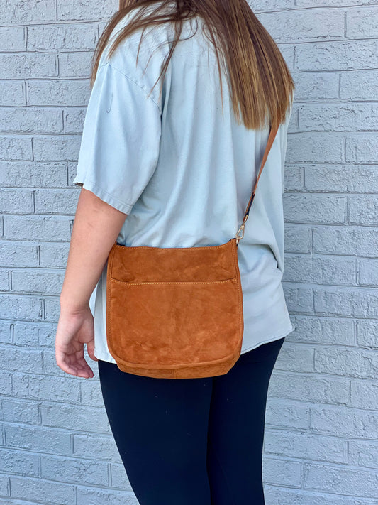 Faux Suede Crossbody Bag w/ Canvas Strap-Camel