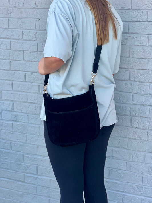 Faux Suede Crossbody Bag w/ Canvas Strap-Black