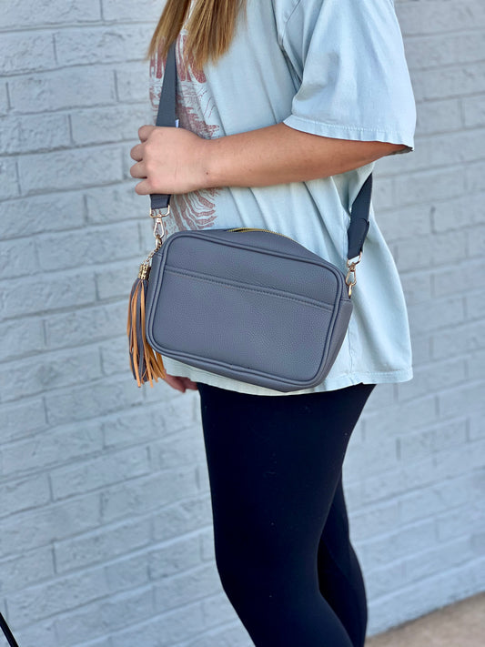 Nova Pebble Vegan Leather Crossbody in Dark Gray
