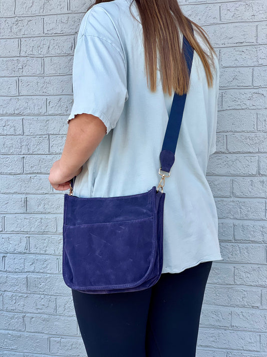 Faux Suede Crossbody Bag w/ Canvas Strap in Navy