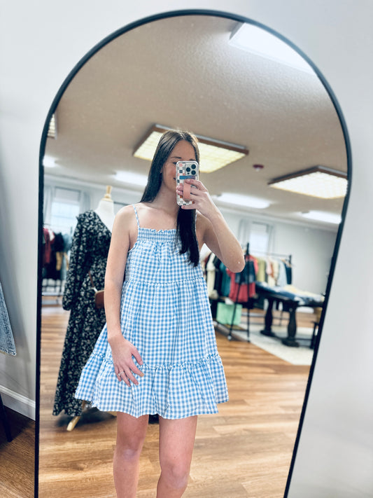 Gingham Tiered Dress in Blue