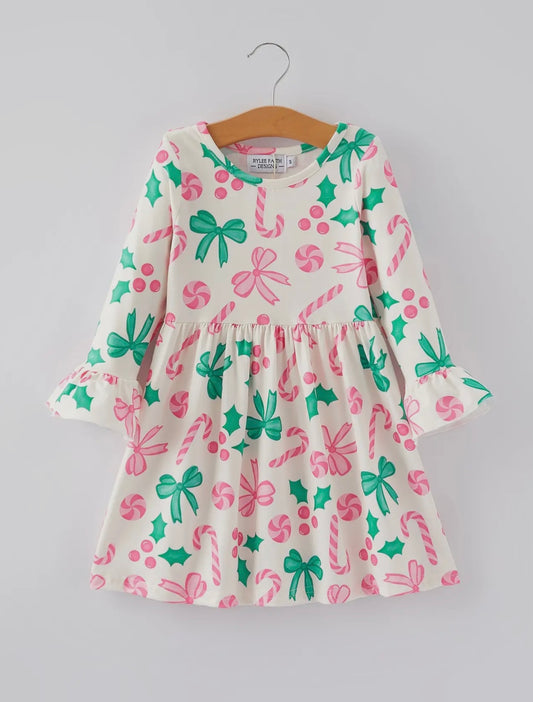 Christmas Candy Bow Print Girls Dress