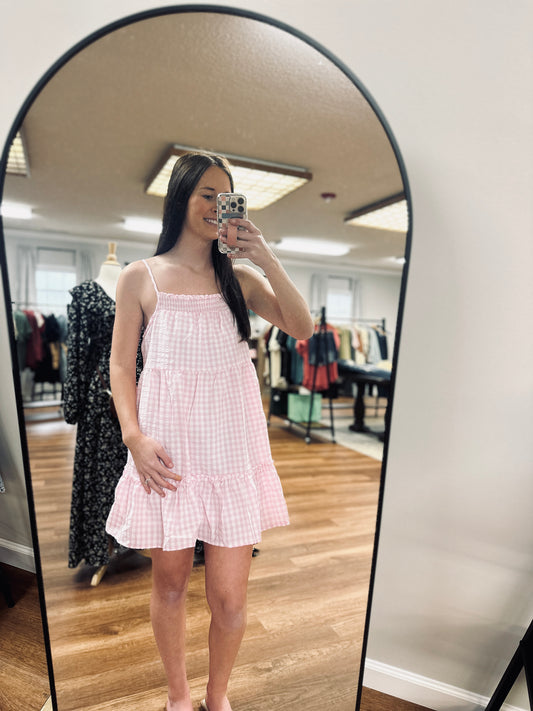 Gingham Tiered Dress in Pink