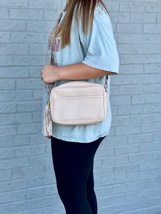 Nova Pebble Vegan Leather Crossbody in Light Beige