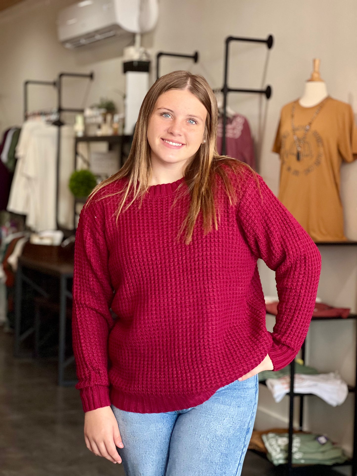 Hi/Lo Waffle Sweater in Wine