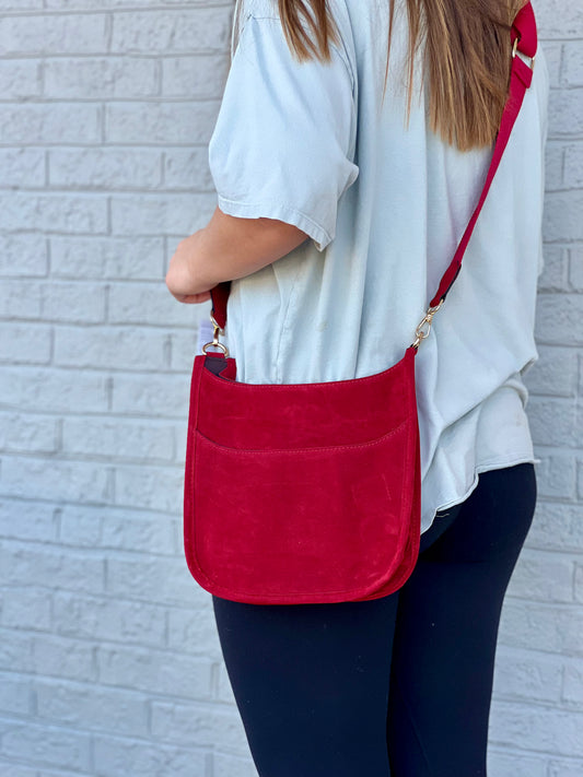 Faux Suede Crossbody Bag w/ Canvas Strap in Red