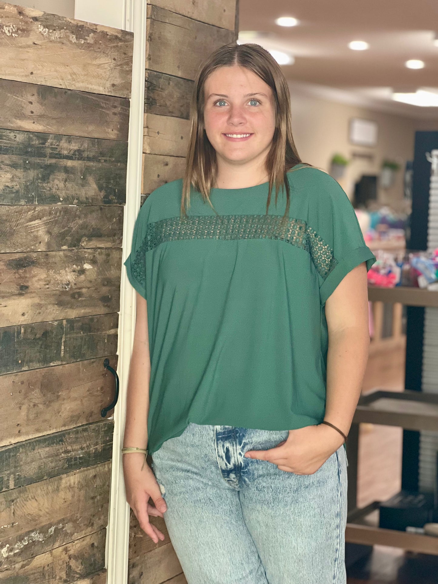 Button Back with Lace Stripe Trim Blouse
