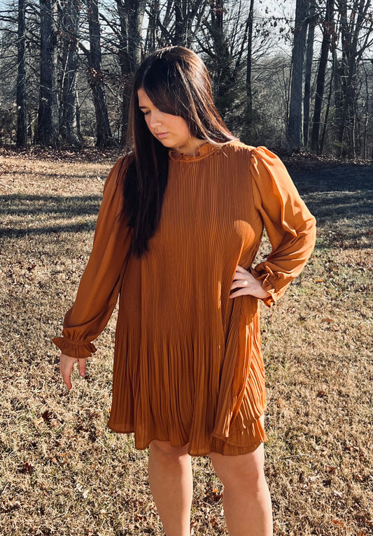 Carmichael Pleated Mini Dress in Ginger**FINAL SALE**